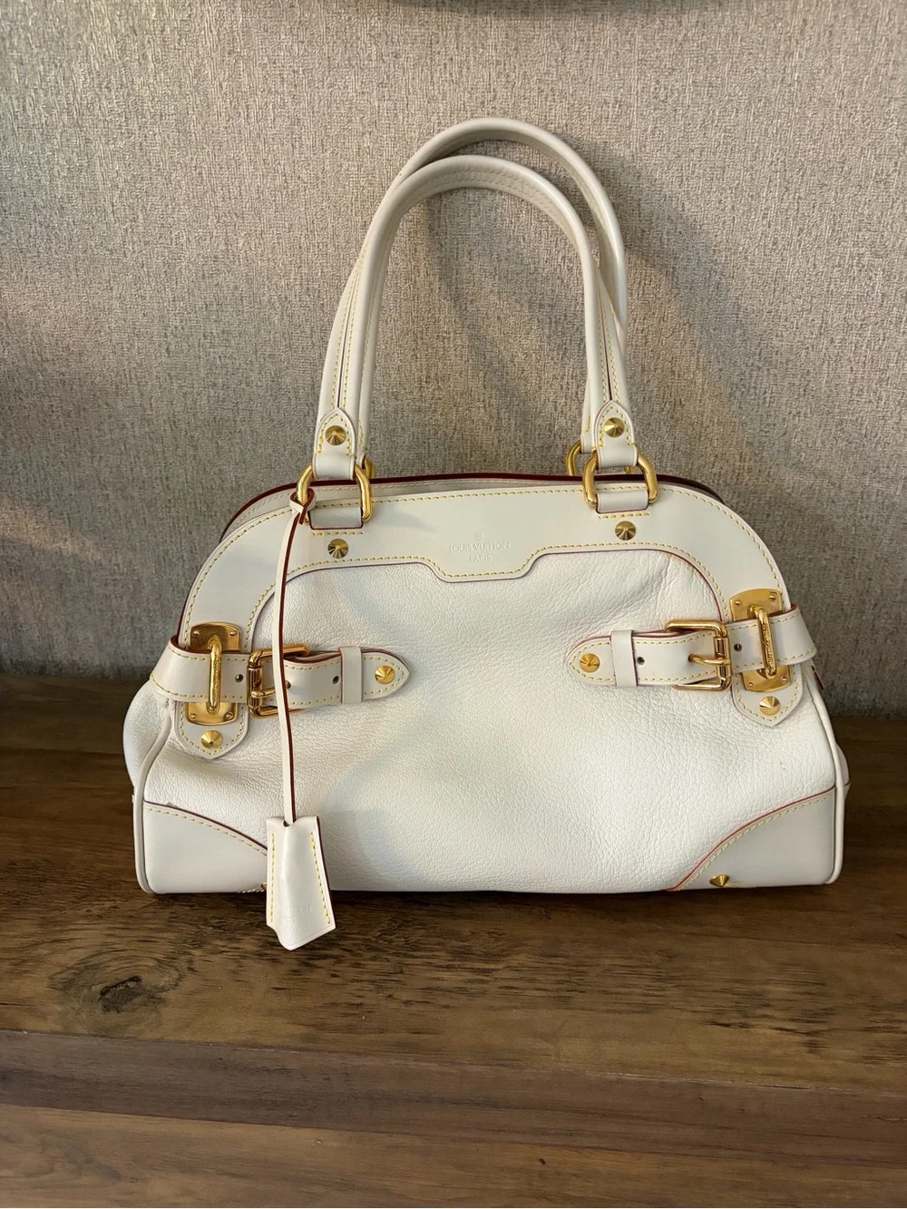 Louis Vuitton White Leather Satchel with Gold Hardware
